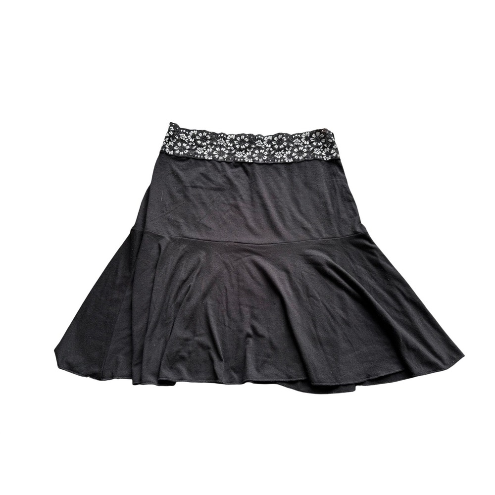Black Jersey Mini Skirt Floral Lace Waistband Flared Skater Skirt Women Small
